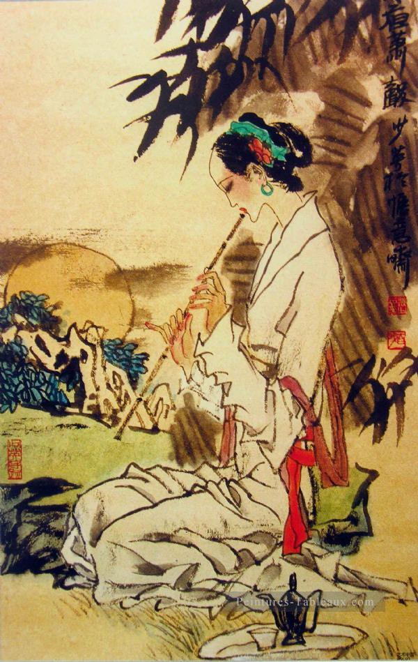 fille jouant Hsiao traditionnelle chinoise Peintures à l'huile